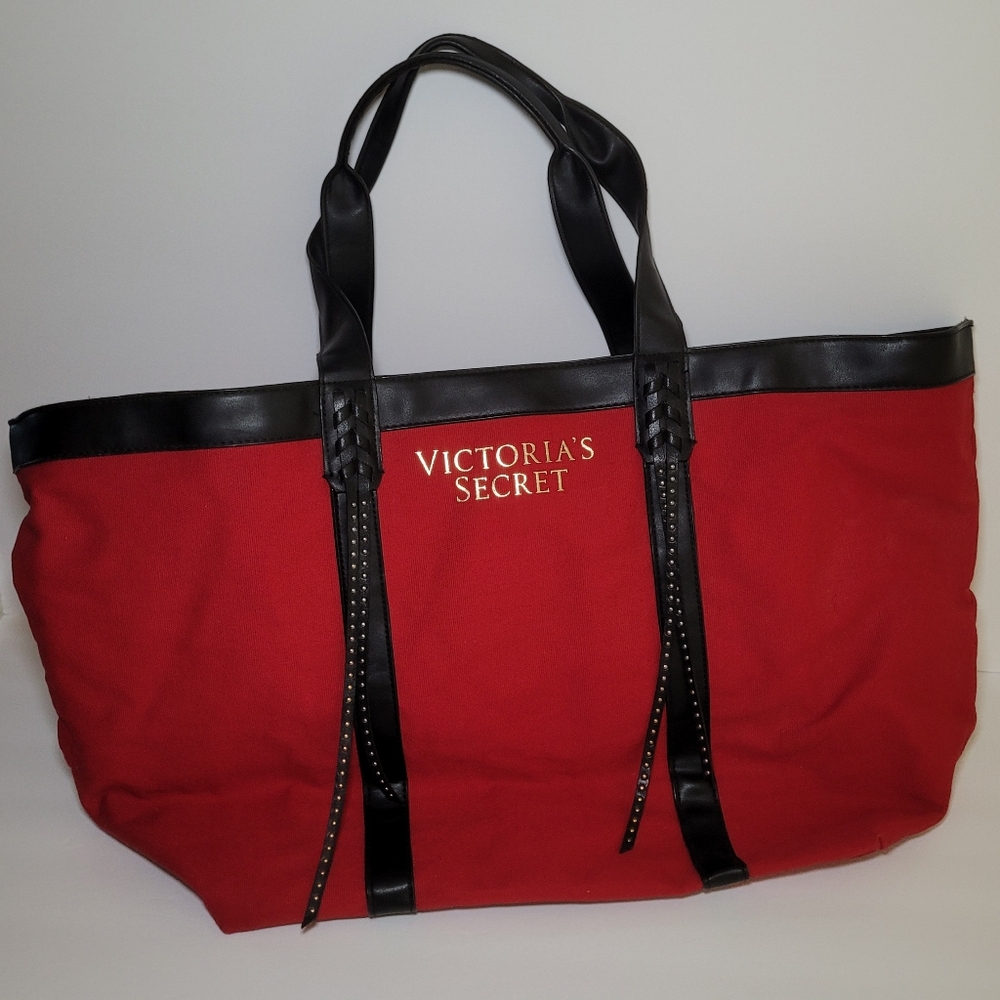 VICTORIAS SECRET 2017 Red Canvas Black Faux Leather Studded Gold Shine Weekender